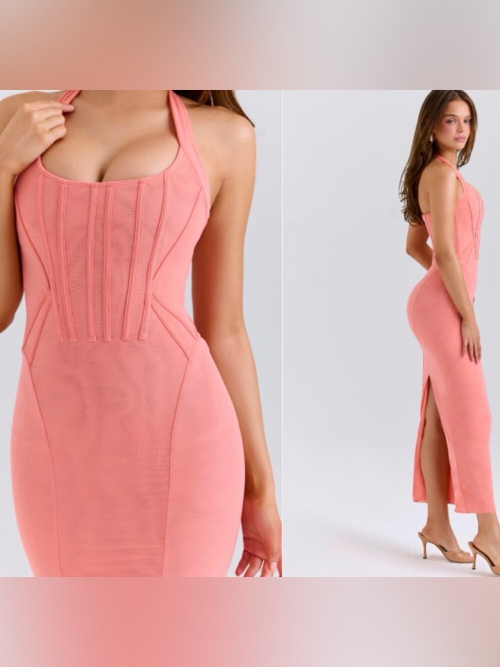 House of CB “Lusilla” Coral Pink Halter Bodycon Power Mesh Corset Midi Dress